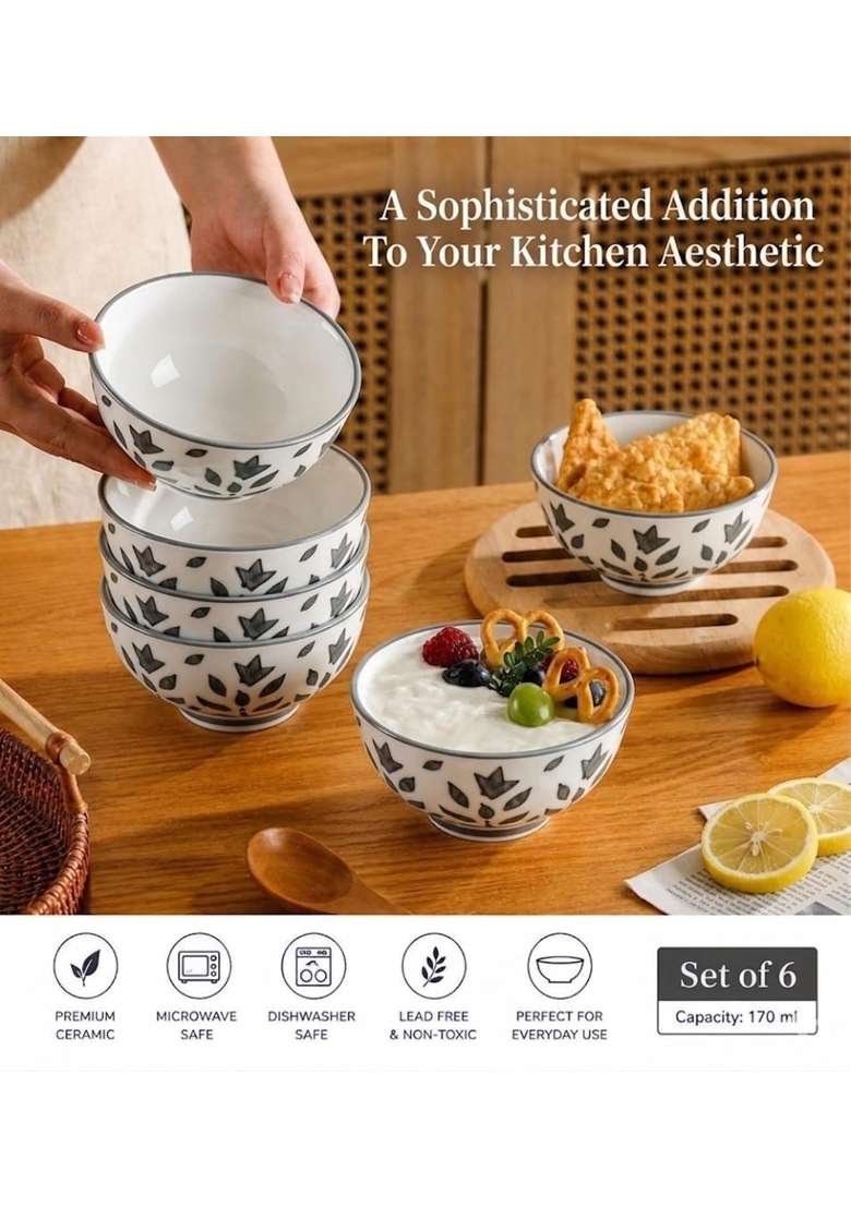 VOIDROP Floral Print Grey Ceramic Bowl | 180 ml | 6.1 fl oz | 6-Piece Set | Dishwasher Safe | Microwave Safe - Indya