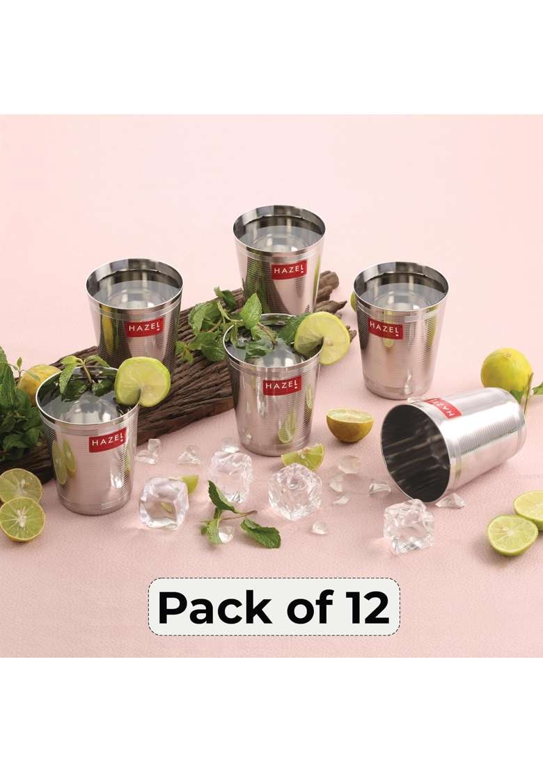 HAZEL Stainless Steel Glass for Water and Juice | 350 ml | 11.8 fl oz | 12-Piece Set - Indya
