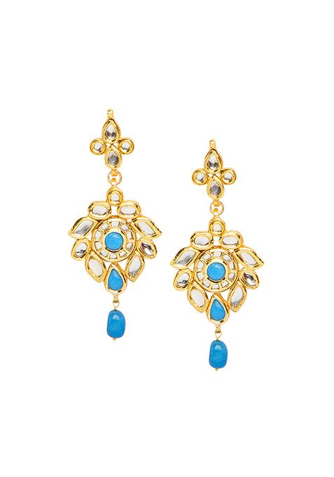 Gold Blue Kundan Stone Bead Earrings 