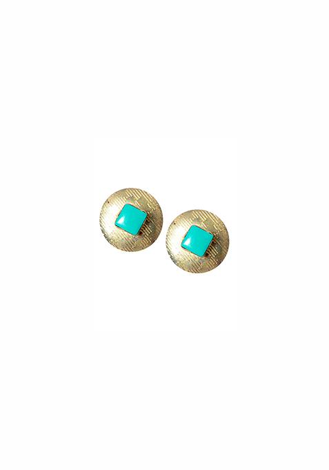Gold Blue Textured Disc Stud Earrings 