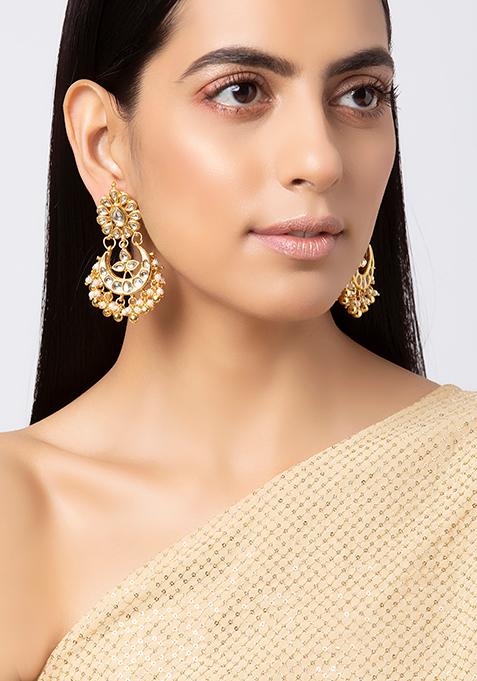 Buy Women Gold Kundan Beaded Pearl Chandbali Earrings - Jewellery - Indya