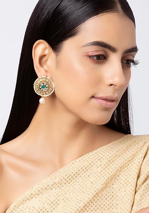 Buy Women Gold Kundan Pearl Drop Round Stud Earrings - Jewellery - Indya
