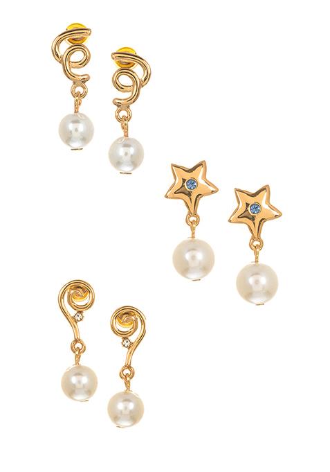 Buy Women Gold Pearl Drop Stud Earrings Set Of 3 - Jewellery - Indya