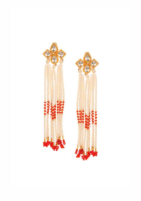 Gold Red Kundan Pearl Tassel Dangler Earrings 