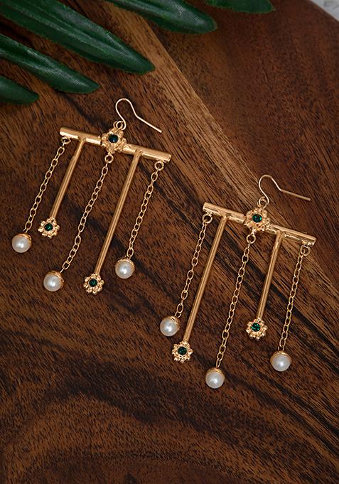 Gold Floral Pearl Chain Dangler Earrings 