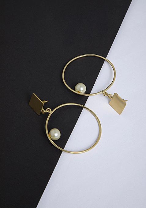 Gold Pearl Circular Drop Dangler Earrings  