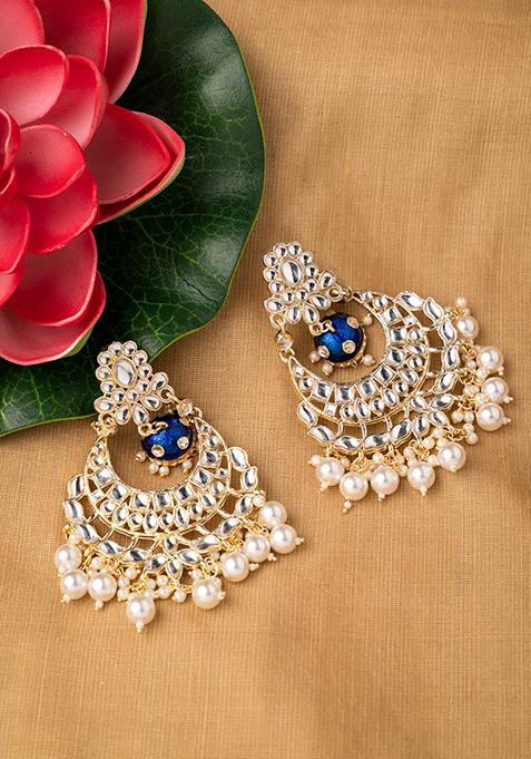 Gold Blue Enamel Pearl Drop Earrings 