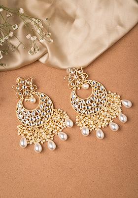 Gold White Seed Pearl Chandbali Earrings 