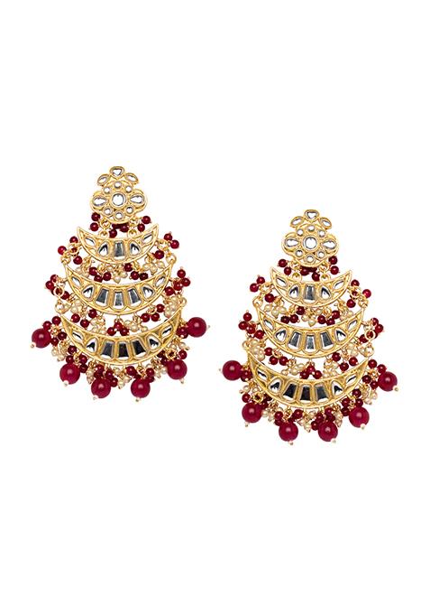 Gold Red Bead Crescent Multi Layer Earrings 