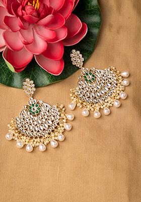 Gold Green Kundan Peal Drop Chandbali Earrings 