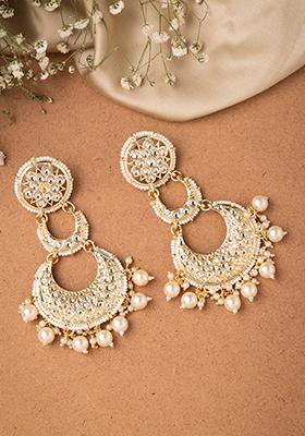 Gold White Beaded Multi Layer Kundan Dangler Earrings 