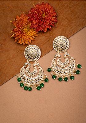 Gold Green Bead Chandbali Earrings