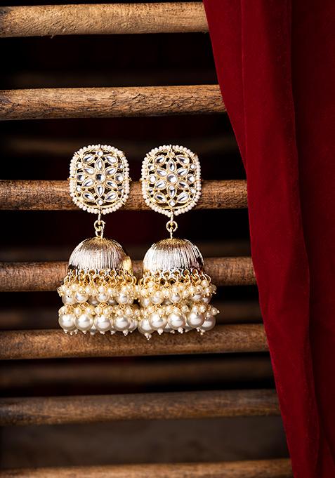 Gold White Crystal Textured Dome Dangler Earrings  