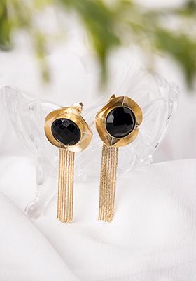 Gold Black Stone Center Tassel Drop Dangler Earrings 