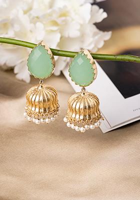 Gold Green Stone Top Jhumka Earrings
