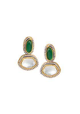 Gold Green Multi Shape Kundan Drop Earrings 