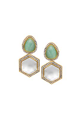 Gold Green Multi Shape Kundan CZ Drop Earrings 