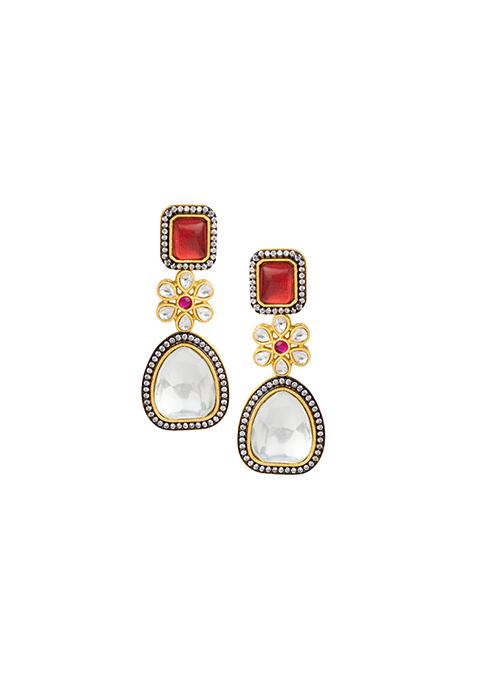 Gold Red Stone Floral Motif Kundan Dangler Earrings  