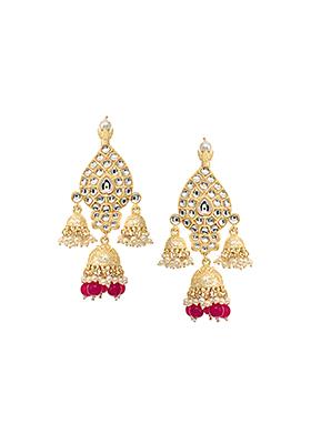 Gold Red Beaded Kundan Studded Jhumka Earrings  