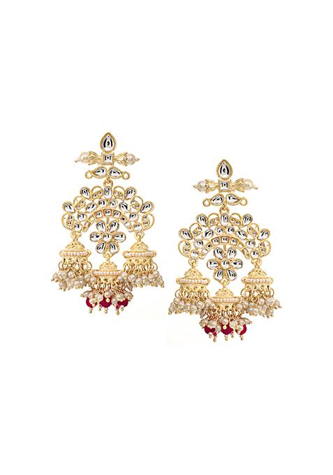 Gold Red Kundan Multi Drop Dangler Earrings  