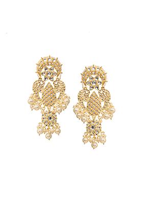 Gold White Kundan Multi Bead Drop Dangler Earrings 