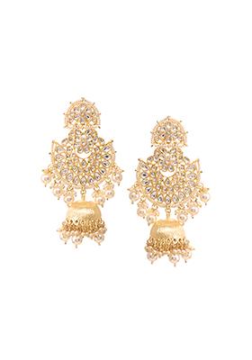 Gold Dome Shaped Kundan Pearl Beaded Jhumka Earrings 