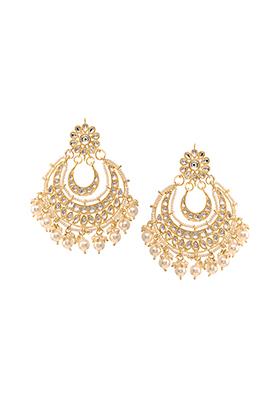 Gold White Crescent Kundan Pearl Chandbali Earrings 