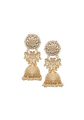 Gold Kundan Drop Jhumka Earrings