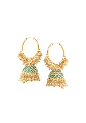 Gold Green Enamel Hoop Jhumka Earrings 