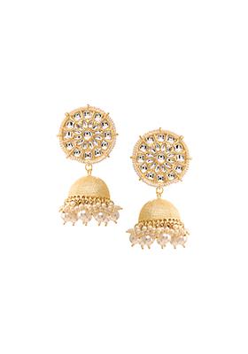 Gold Circular Kundan Pearl Drop Jhumka Earrings 