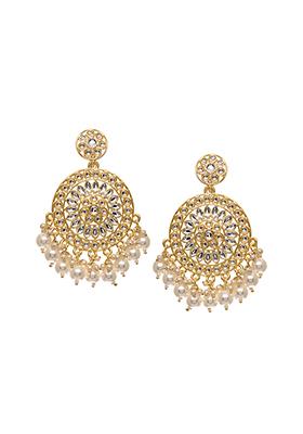 Gold White Circular Kundan Pearl Drop Dangler Earrings 
