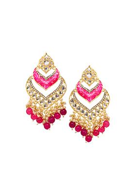 Gold Red Enamel Kundan Faux Bead Dangler Earrings  