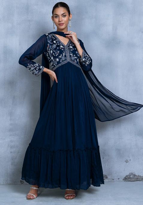 Navy Blue Floral Sequin Embellished Anarkali Kurta With Dupatta