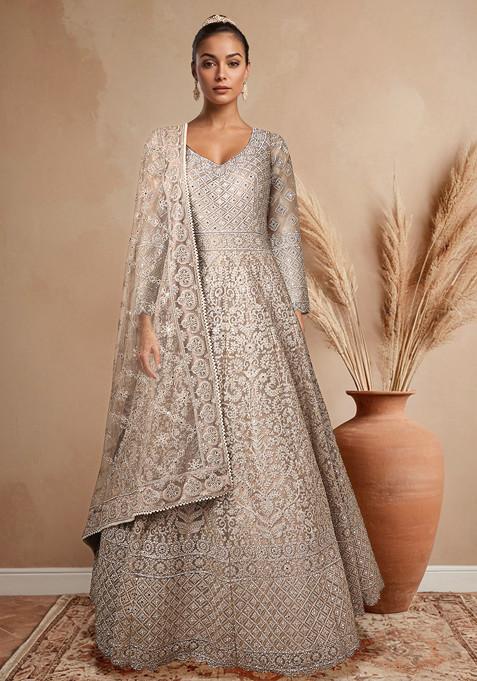 Brown Embroidered Gown With Dupatta