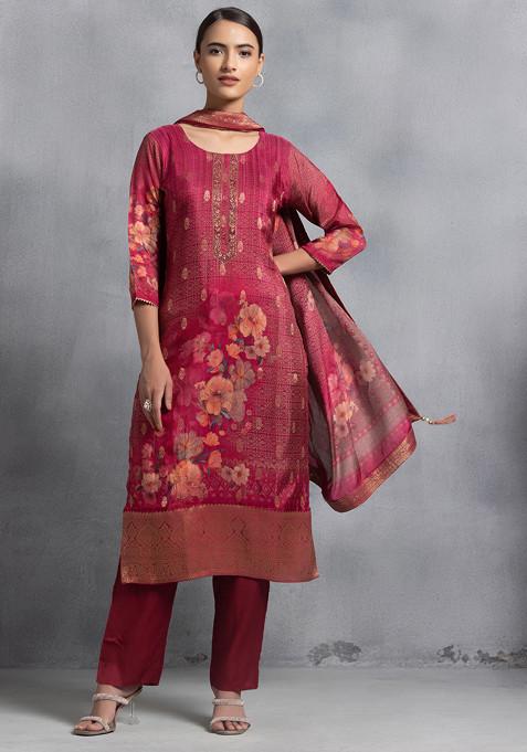 Pink Floral Print Cutdana Embellished Kurta Set With Pants And Printed Dupatta
