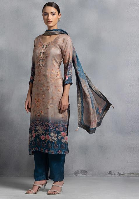 Women Black & Beige Floral Print Satin Finish Kurta with Palazzo & Ruffled Dupatta