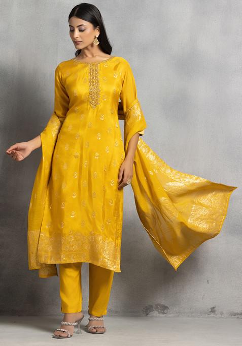 Yellow Hand Embroidered Silk Kurta Set With Pants And Brocade Dupatta