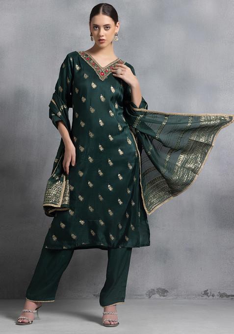 Green Floral Sequin Hand Work Kurta Set With Pants And Brocade Dupatta
