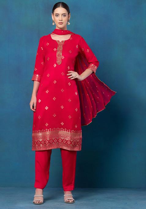 Pink Hand Embroidered Brocade Kurta Set With Pants And Embellished Dupatta