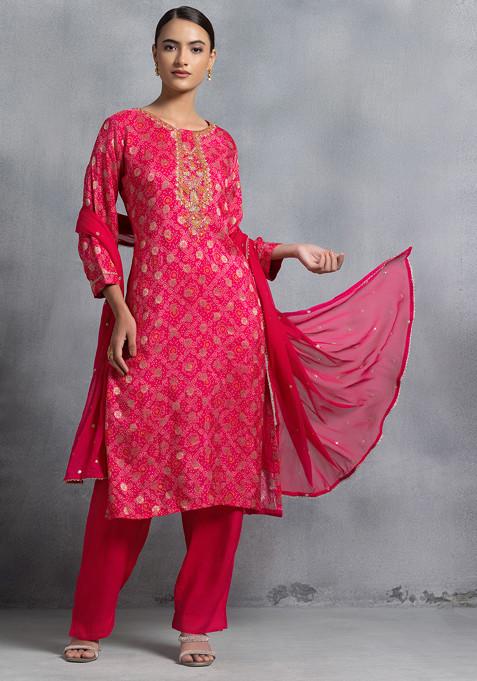 Pink Bandhani Print Sequin Embellished Kurta Set With Pants And Dupatta