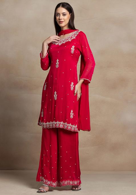 Red Floral printed on white kurta pant and bandej print dupatta set main image 1