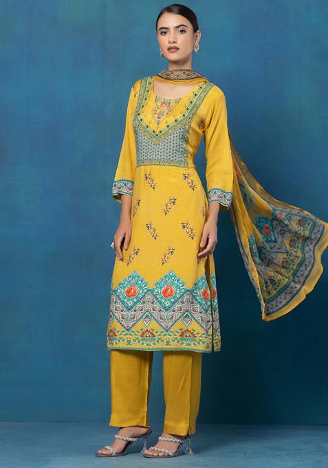 Yellow Sequin Hand Embellished Printed Kurta Set With Pants And Printed Dupatta