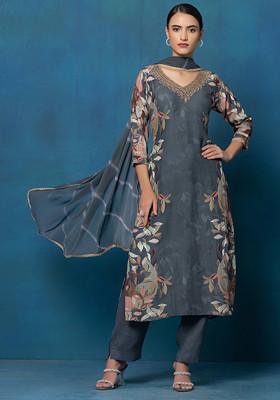 Grey Floral Print Sequin Embellished Kurta Set With Pants And Dupatta