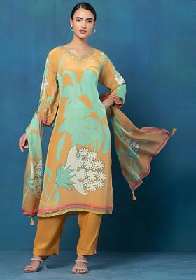 Yellow And Green Floral Print Kurta Set With Pants And Dupatta