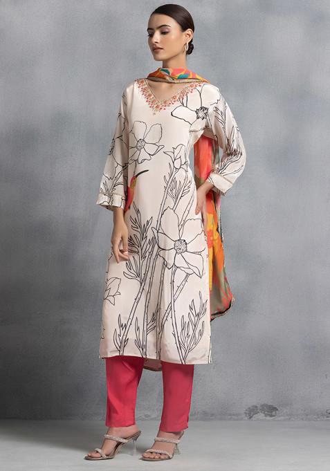 Beige Viscose Geometric Print Kurta Set with Pant and Dupatta for Women (M to XL)