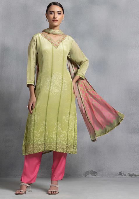 Pista Green Hand Embroidered Printed Kurta Set With Contrast Pants And Dupatta