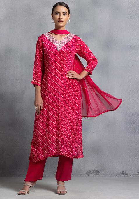 Pink Leheriya Print Sequin Embellished Kurta Set With Pants And Dupatta
