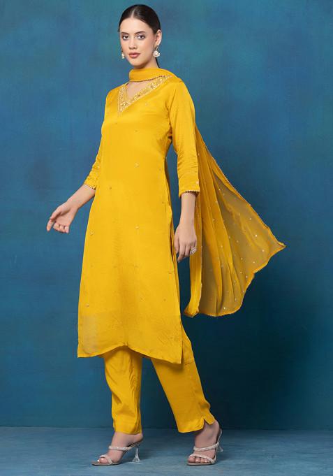 Yellow Hand Embroidered Kurta Set With Pants And Embellished Dupatta