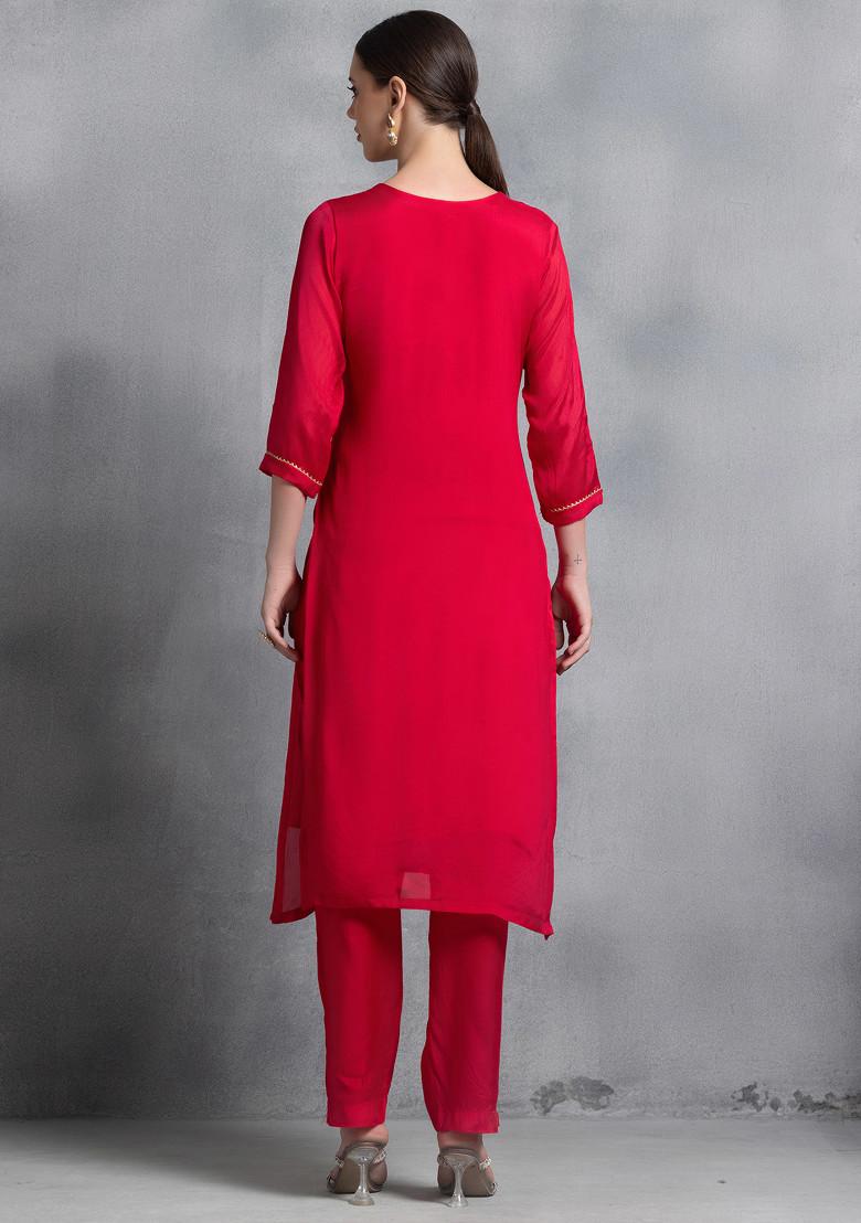 Hot Pink Bead Mirror Hand Embroidered Kurta Set With Pants And Brocade Dupatta - Indya
