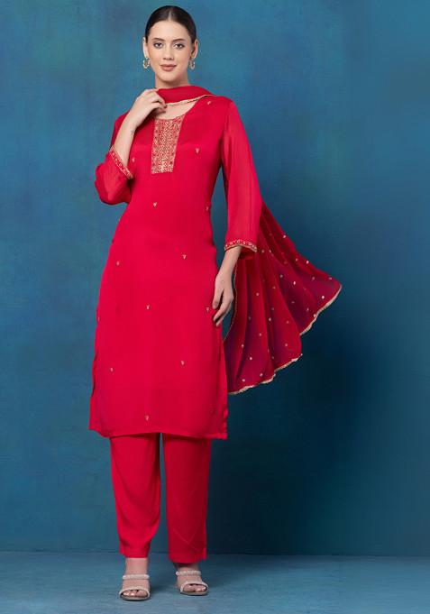Rani Pink Bead Cutdana Embellished Kurta Set With Pants And Embellished Dupatta